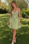 Light Green Floral Lace Tulle Spaghetti Strap Ruffle Mini Homecoming Dress, PD3701