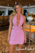 Bubble Pink Glitter Halter Deep V Cutout Tie Waist Mini Homecoming Dress, PD3711