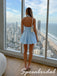 Light Blue Stretch Fabric Halter Deep V Backless Skater Short Homecoming Dress, PD3713