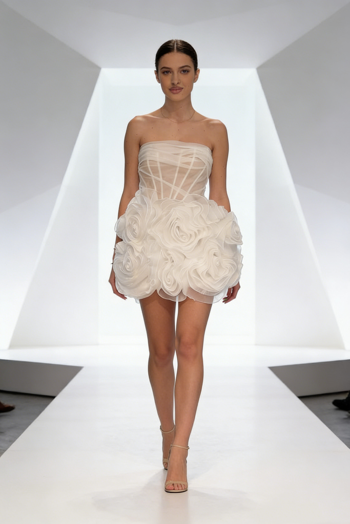 Elegant Strapless Mini Homecoming Dress | Sheer Corset Bodice with 3D Rose Floral Skirt, Cocktail Party Dress, PD3672