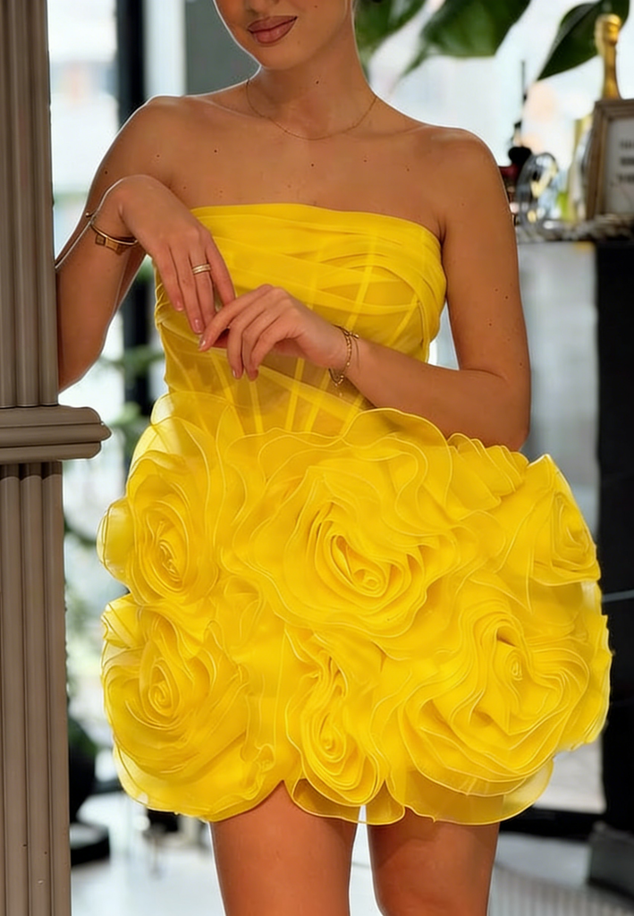 Elegant Strapless Mini Homecoming Dress | Sheer Corset Bodice with 3D Rose Floral Skirt, Cocktail Party Dress, PD3672