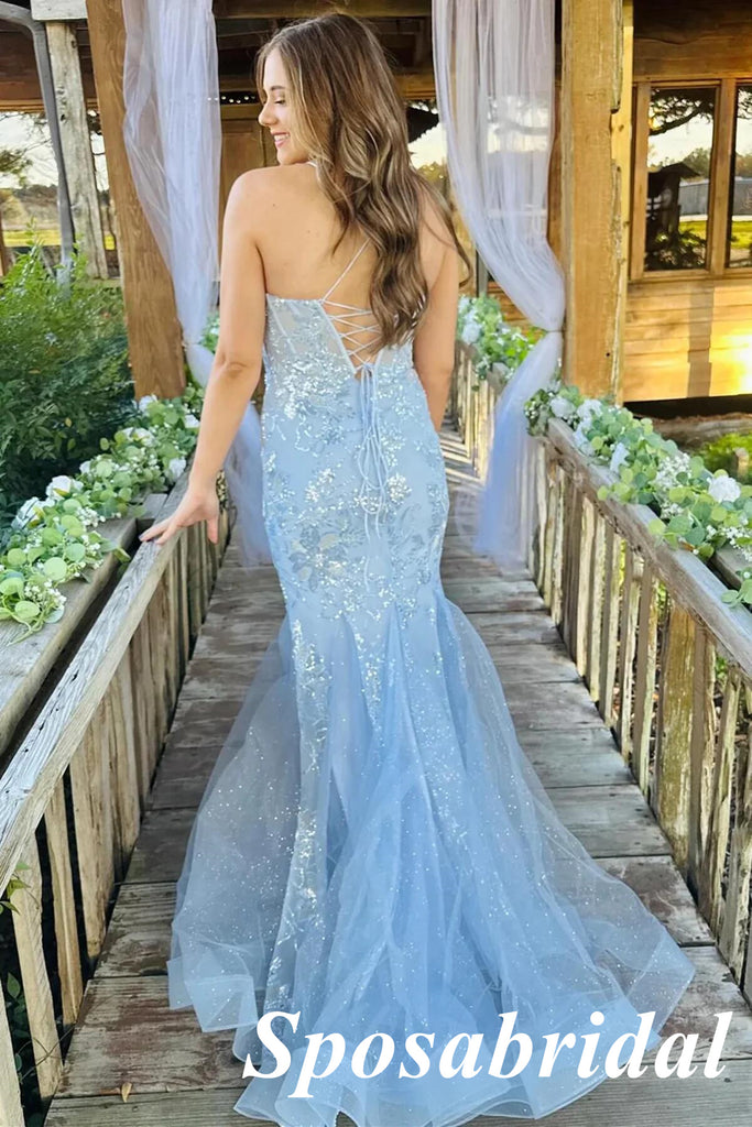 Sexy Blue Tulle And Lace Spaghetti Straps Lace Up Back Mermaid Long Prom Dresses, PD3827