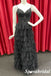 Sexy Black Tulle And Lace Spaghetti Straps V-Neck A-Line Long Prom Dresses, PD3758