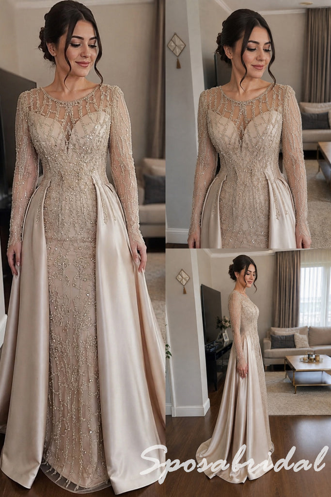 Elegant Champagne Beaded Satin Long Sleeves Mother Of The Bride Gown, SFM023