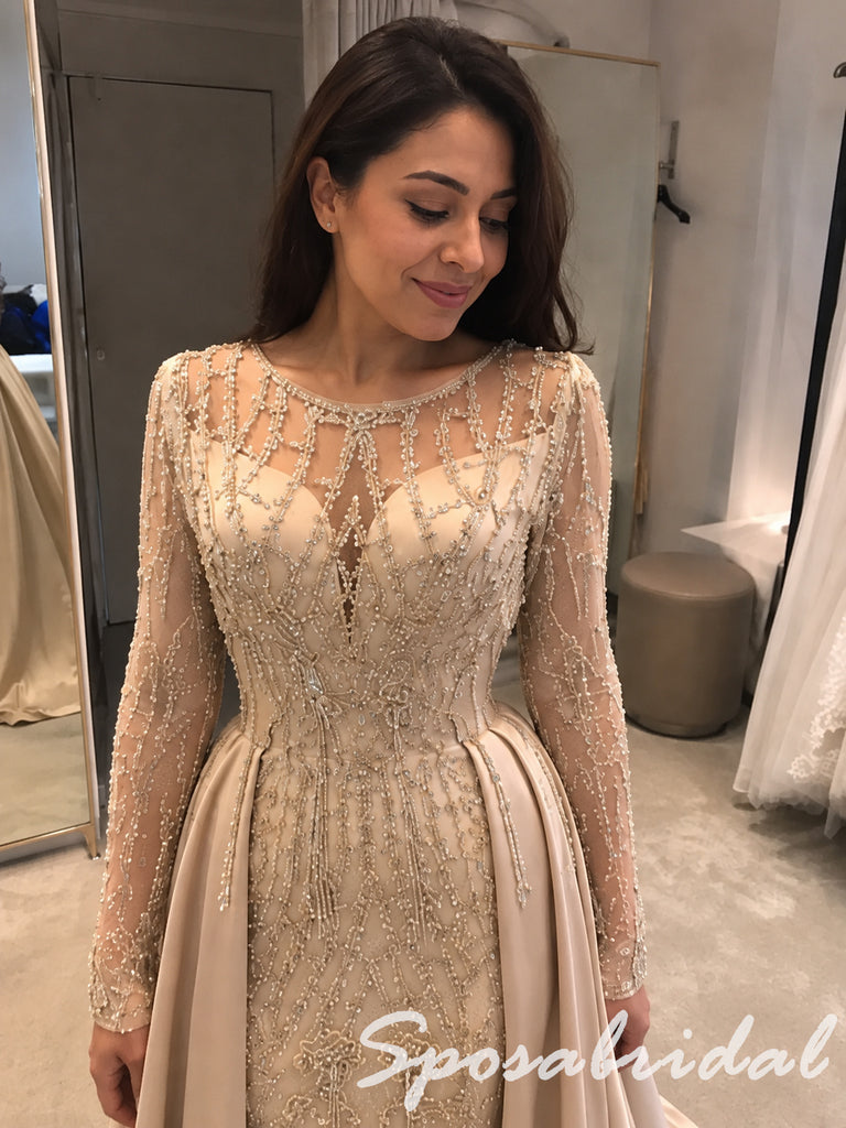 Elegant Champagne Beaded Satin Long Sleeves Mother Of The Bride Gown, SFM023