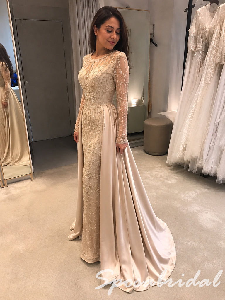 Elegant Champagne Beaded Satin Long Sleeves Mother Of The Bride Gown, SFM023
