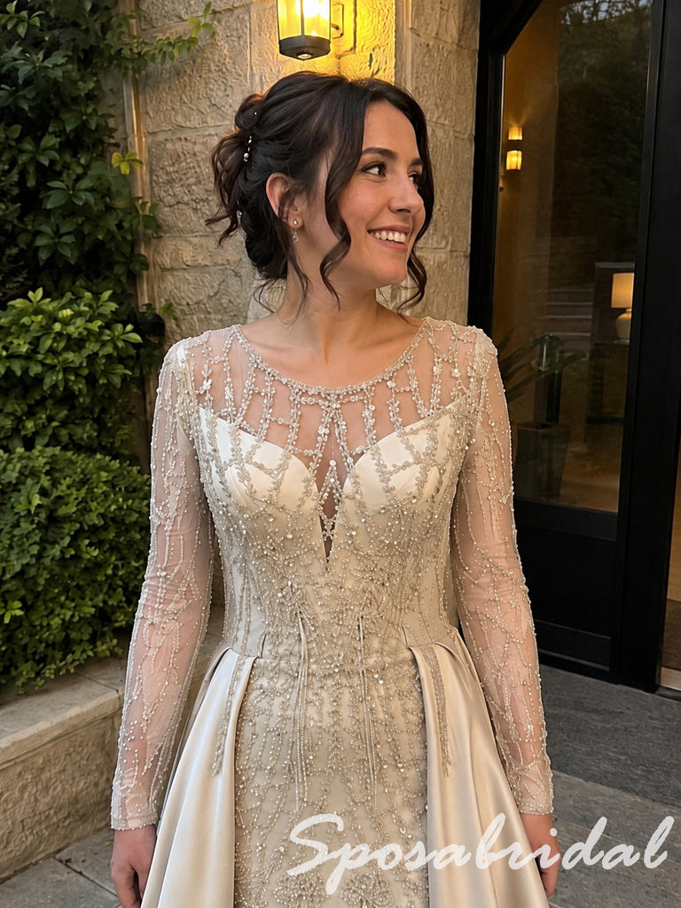 Elegant Champagne Beaded Satin Long Sleeves Mother Of The Bride Gown, SFM023