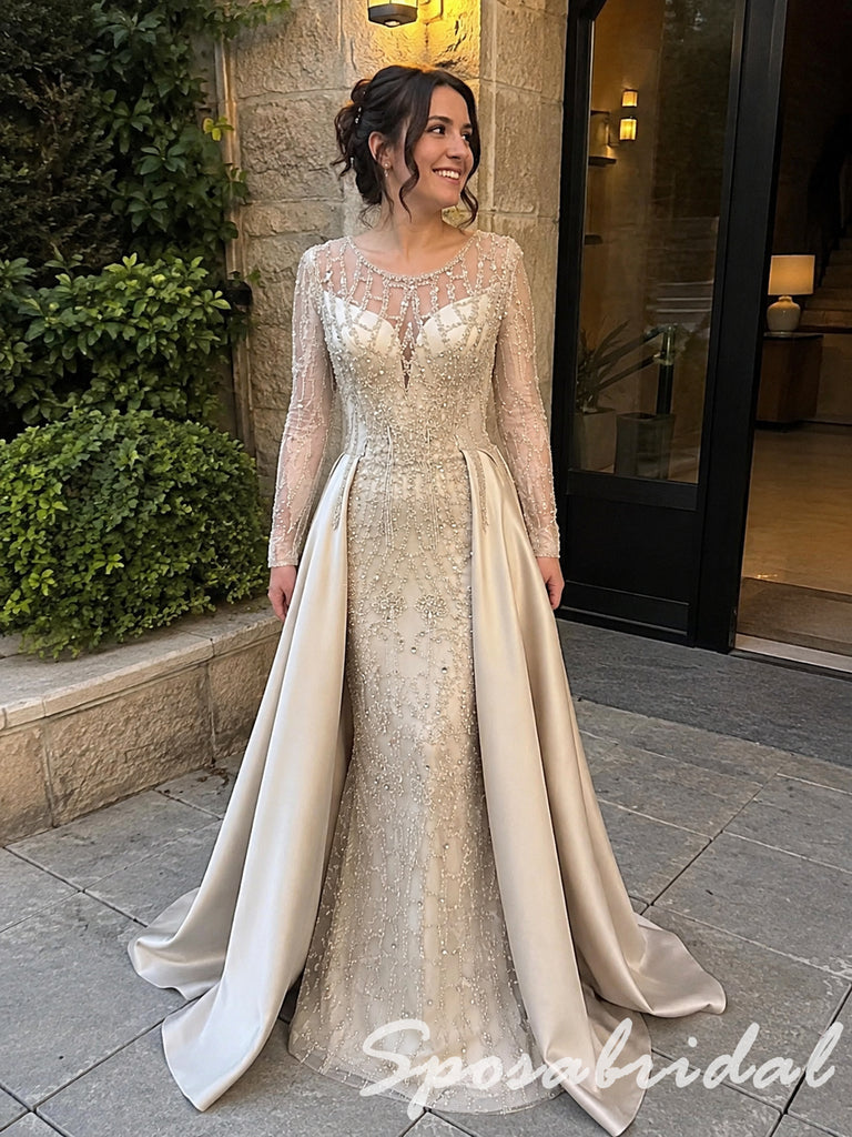 Elegant Champagne Beaded Satin Long Sleeves Mother Of The Bride Gown, SFM023