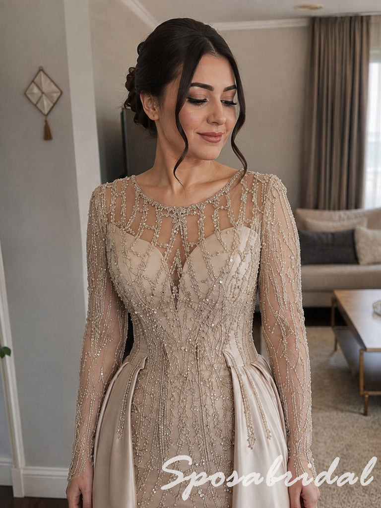 Elegant Champagne Beaded Satin Long Sleeves Mother Of The Bride Gown, SFM023