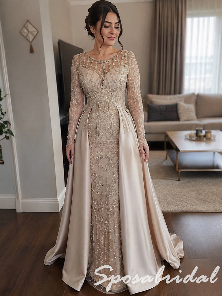 Elegant Champagne Beaded Satin Long Sleeves Mother Of The Bride Gown, SFM023