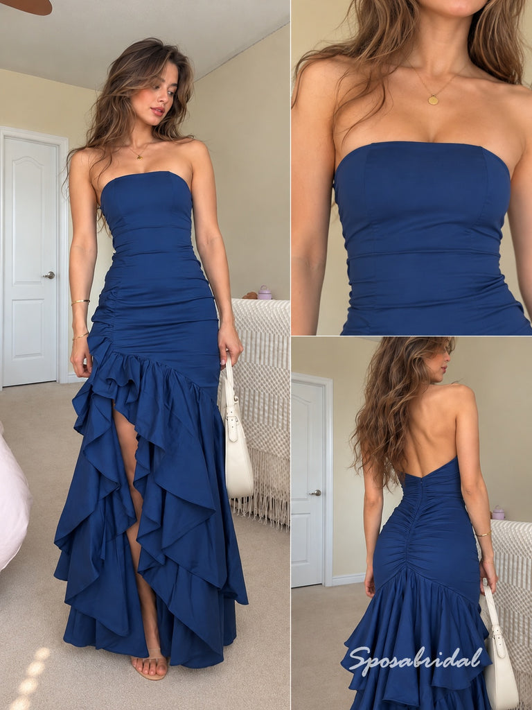 Navy Blue Strapless Ruched Back Asymmetrical Ruffle High Slit Mermaid Floor Length Evening Dress,PD4341
