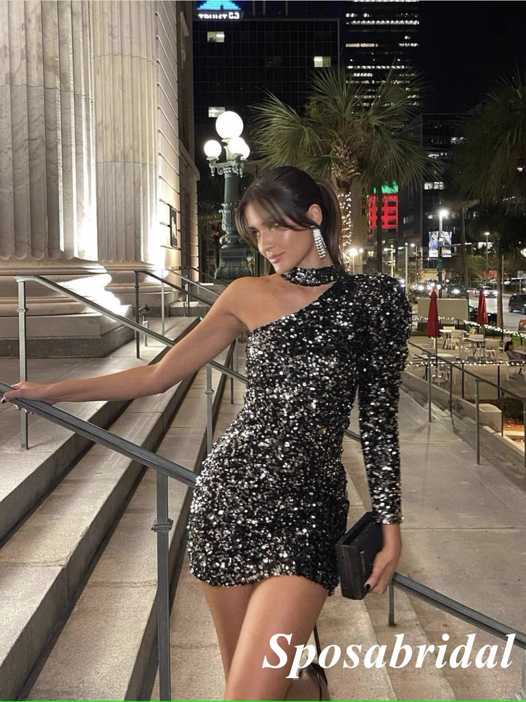 Sexy Black Sequin One Shoulder Long Sleeve Sheath Short Dresses/ Homecoming Dresses, PD3530