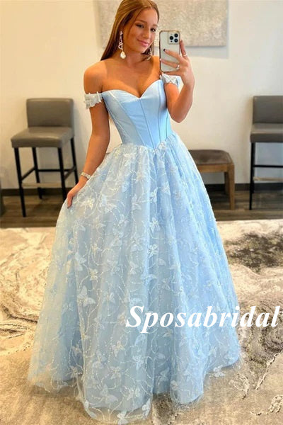 Elegant Satin And Tulle Off Shoulder Sleeveless A-Line Long Prom Dresses, PD3748