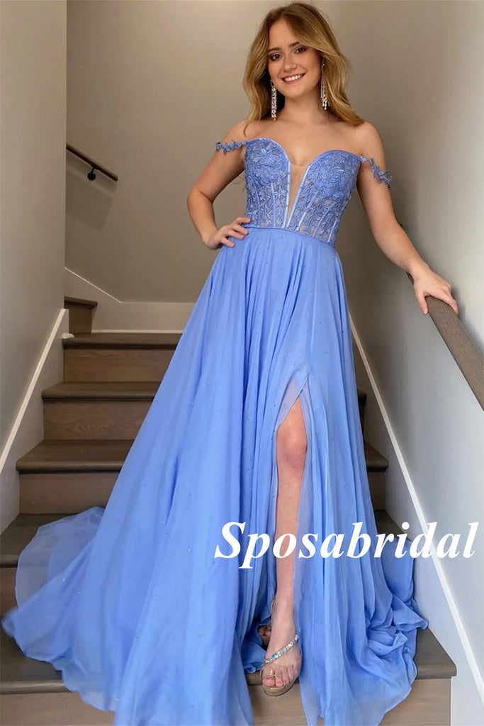 Elegant Tulle And Lace Beading Off Shoulder Sleeveless Side Slit A-Line Long Prom Dresses, PD3749