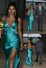 Teal Satin Spaghetti Straps High Slit Formal Evening Gown for Prom, PD4129