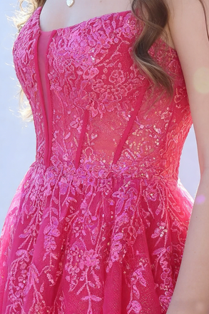 Hot Pink Strapless Lace Sequin Tulle Ball Gown, Formal Prom Dress with Boning, PD4136