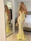 Lemon Yellow Sequin Spaghetti Strap Mermaid Maxi Dress, Sheer Formal Gown, PD4137