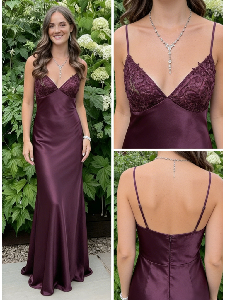 Plum Satin V-Neck Lace Bodice Mermaid Gown Elegant Evening Dress, PD4140