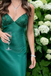 Emerald Green Satin V-Neck Lace Mermaid Maxi Dress Sexy Formal Party Gown, PD4141