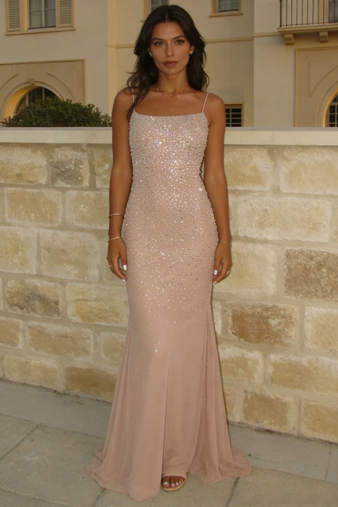 Blush Pink Beaded Spaghetti Strap Mermaid Gown Glamorous Elegant Evening Dress, PD4142