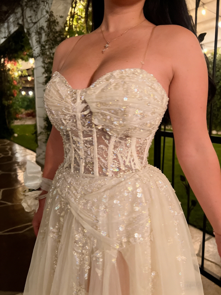 Champagne Sequin Beaded Corset Prom Dress Tulle Skirt Spaghetti Strap Formal Evening Gown, PD4144