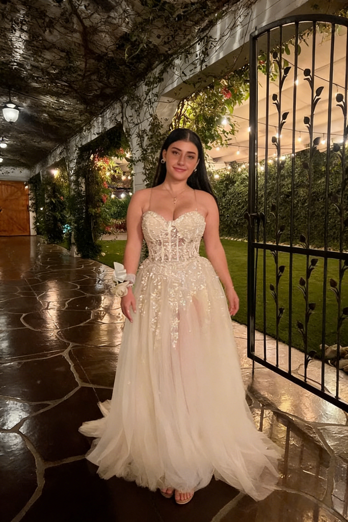 Champagne Sequin Beaded Corset Prom Dress Tulle Skirt Spaghetti Strap Formal Evening Gown, PD4144