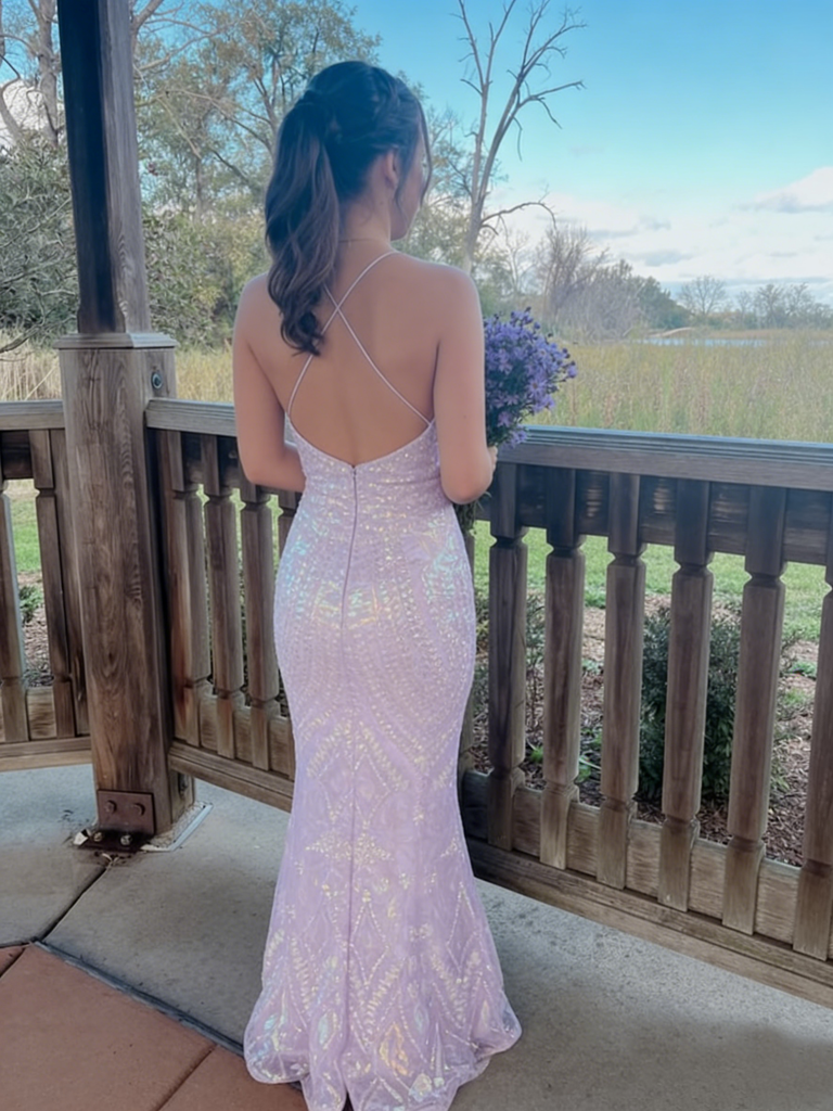 Lilac Sequin Spaghetti Strap Mermaid Dress - Prom & Formal Party Gown, PD4146