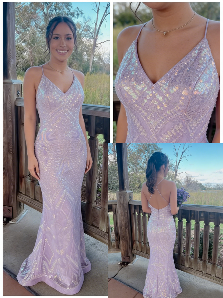 Lilac Sequin Spaghetti Strap Mermaid Dress - Prom & Formal Party Gown, PD4146