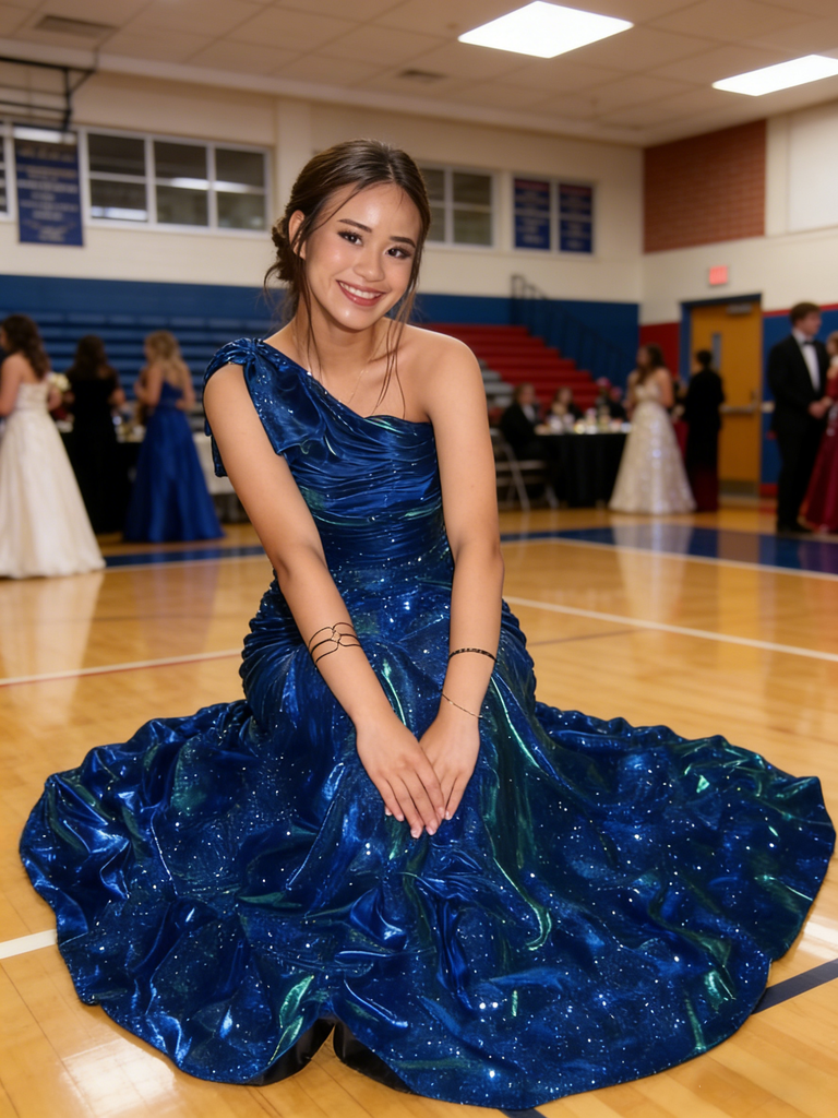 Teal One Shoulder A-Line Evening Gown with Shimmering Fabric, PD4150