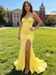 Yellow Strapless Side Slit Mermaid Ruffle Tiered Ball Gown for Prom & Formal Events, PD4154