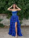 Royal Blue Strapless Beaded Tiered Ruffle Gown with High Slit for Prom & Formal Events, PD4153