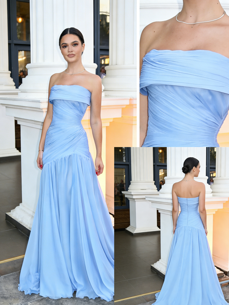 Sky-Blue Strapless Ruched Waist A-Line Formal Gown | Evening & Wedding Dress, PD4156