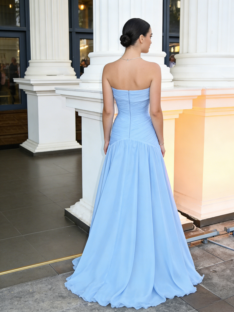 Sky-Blue Strapless Ruched Waist A-Line Formal Gown | Evening & Wedding Dress, PD4156