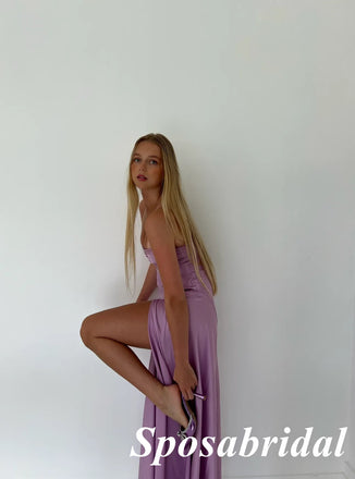 Sexy Soft Satin Spaghetti Straps Square Sleeveless Side Slit Mermaid Long Prom Dresses, PD3904