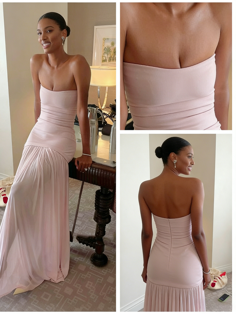Flowy Blush Pink Chiffon Strapless Ruched Waist Formal Gown | Wedding & Evening Dress, PD4159