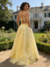 Yellow Lace Spaghetti Strap Backless Prom Dress with Pockets Elegant Formal Evening Gown, PD4160