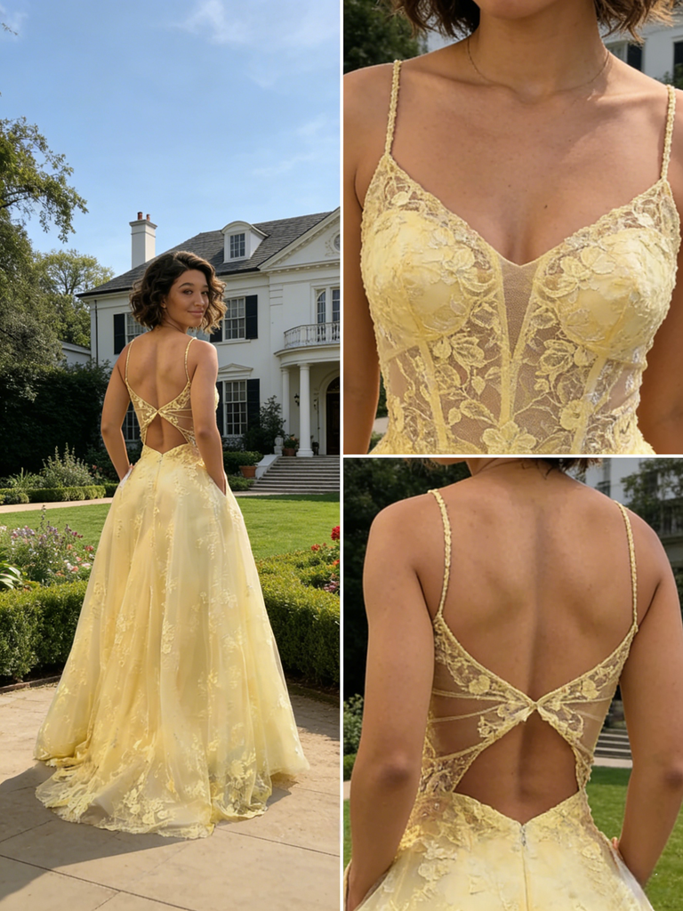 Yellow Lace Spaghetti Strap Backless Prom Dress with Pockets Elegant Formal Evening Gown, PD4160