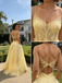Yellow Lace Spaghetti Strap Backless Prom Dress with Pockets Elegant Formal Evening Gown, PD4160