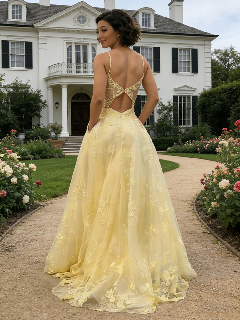 Yellow Lace Spaghetti Strap Backless Prom Dress with Pockets Elegant Formal Evening Gown, PD4160
