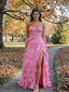 Pink Strapless Ruffled A-Line Prom Dress with High Slit - Tiered Chiffon Formal Evening Gown, PD4161