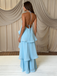 Light Blue Halter Layered Ruffle A-Line Maxi Dress - Flowy Chiffon Summer Formal Gown, PD4164