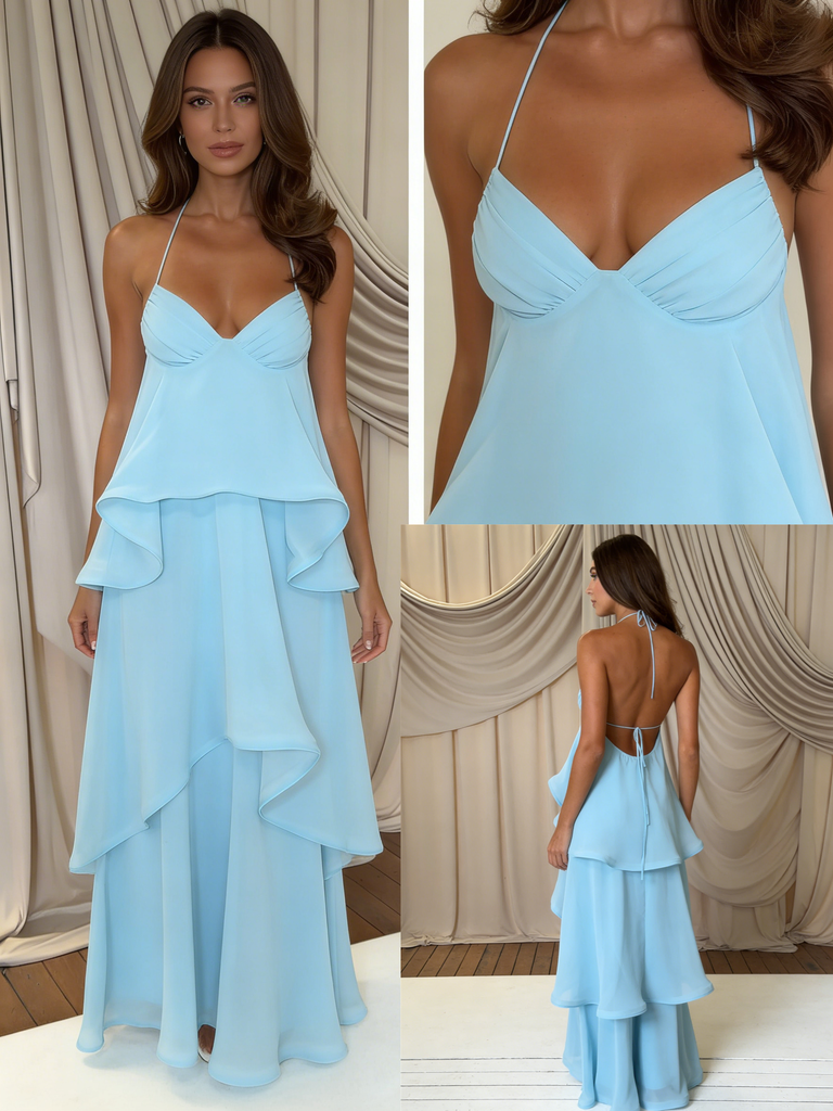 Light Blue Halter Layered Ruffle A-Line Maxi Dress - Flowy Chiffon Summer Formal Gown, PD4164