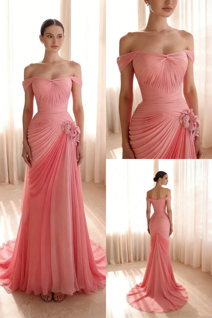 Gradient Pink Off Shoulder Pleated Floral Mermaid Prom Dress - Romantic Formal Evening Gown, PD4167