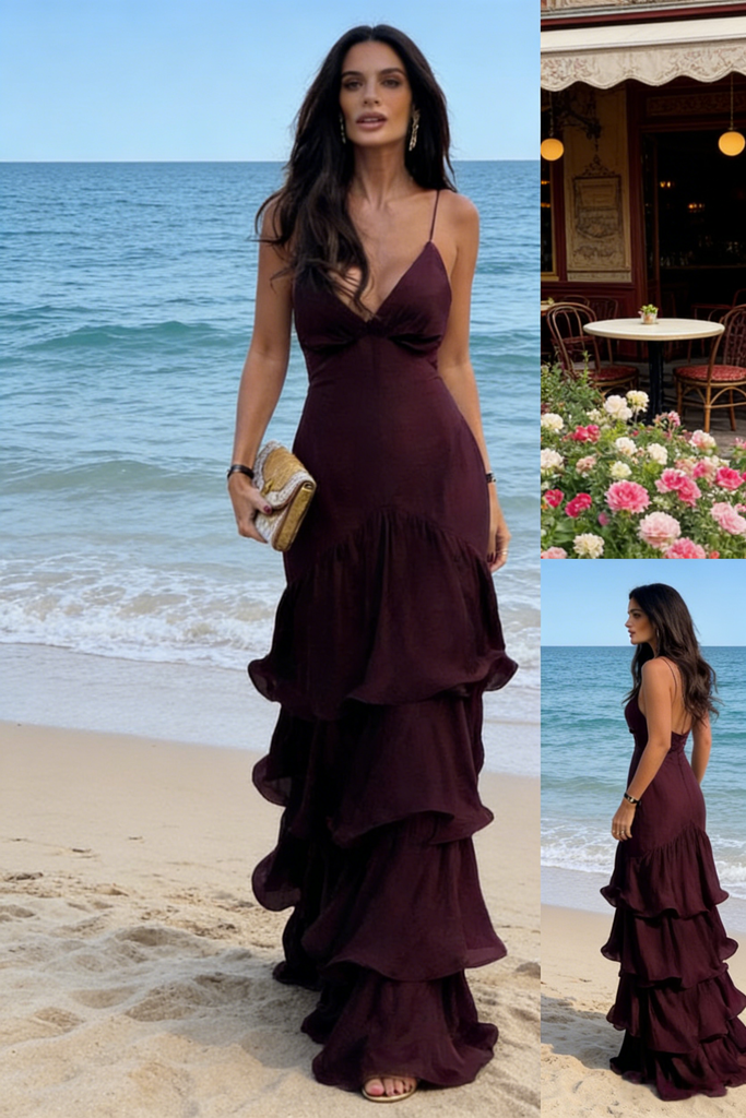 Plum Deep V Spaghetti Strap Tiered Ruffled Backless Maxi Dress – Beach Formal Evening Gown, PD4168