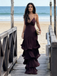 Plum Deep V Spaghetti Strap Tiered Ruffled Backless Maxi Dress – Beach Formal Evening Gown, PD4168