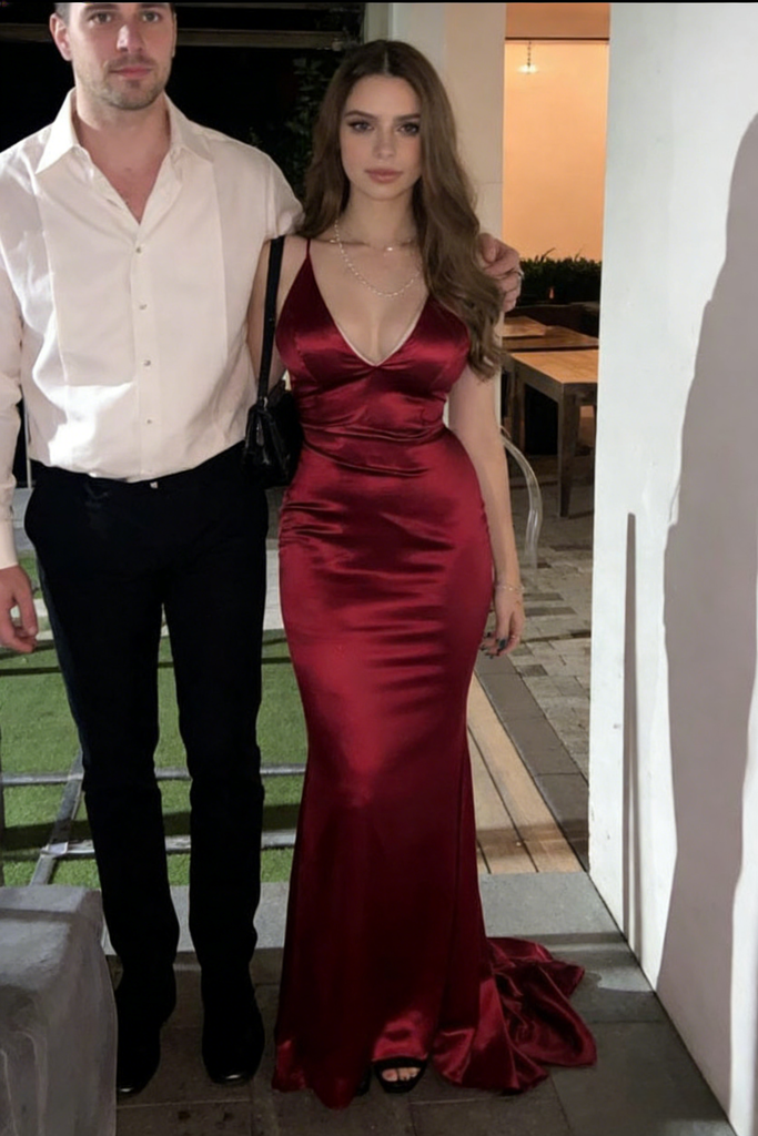 Elegant Burgundy Satin Spaghetti Strap Mermaid Prom Dress Back Tie Formal Evening Gown, PD4169