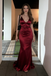 Elegant Burgundy Satin Spaghetti Strap Mermaid Prom Dress Back Tie Formal Evening Gown, PD4169