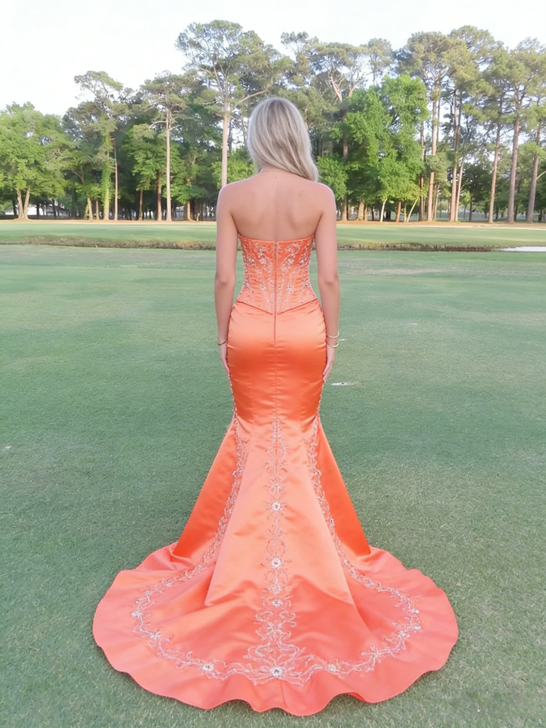 Stunning Orange Soft Satin Sweetheart Embellished Mermaid Prom Dress Corset Back Formal Gown, PD4170