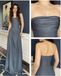 Dusty Blue Strapless A-Line Formal Dress Draped Bodice Floor Length Evening Gown, PD4171