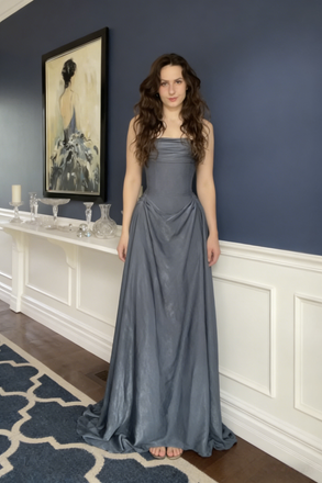 Dusty Blue Strapless A-Line Formal Dress Draped Bodice Floor Length Evening Gown, PD4171